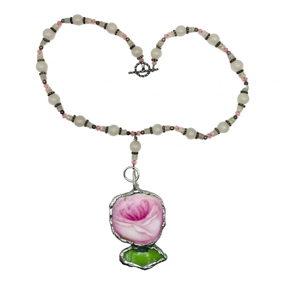 Broken China & Sea Glass Rose Pendant - Pink Quartz Vintage Necklace - Picture 7 of 12